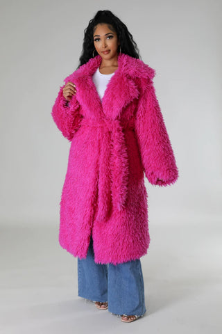 Warm Long Pink Fuzzy Fur Winter Jacket