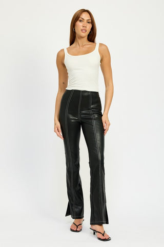 High Waist Leather Pants With Contrasted Stitch