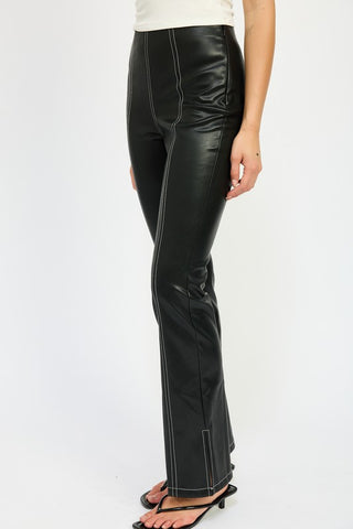 High Waist Leather Pants With Contrasted Stitch