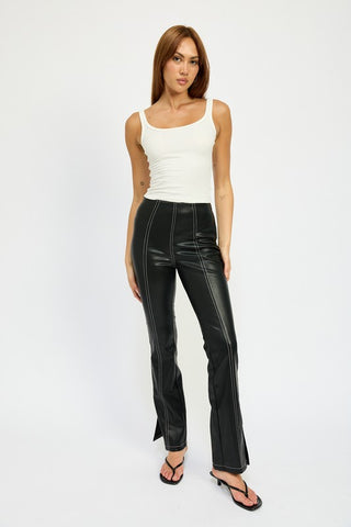 High Waist Leather Pants With Contrasted Stitch