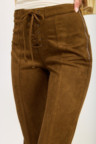 Lace Up Suede Flared Pants