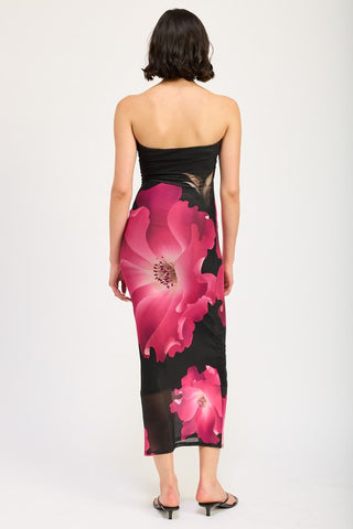 Black Strapless Floral Dress