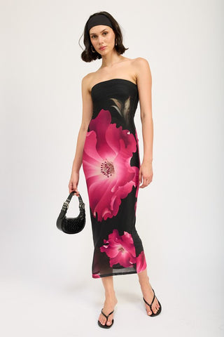 Black Strapless Floral Dress