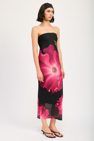 Black Strapless Floral Dress