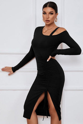 Black Asymmetric One - Shoulder Ruched Midi Dress from Midi Dresses collection you can buy now from Fashion And Icon online shop