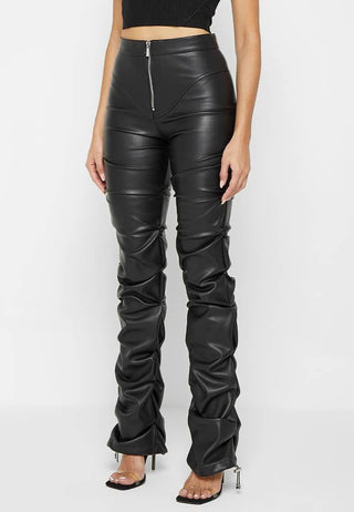 Black Faux Leather Ruched Flared Pants from Leather Pants collection you can buy now from Fashion And Icon online shop