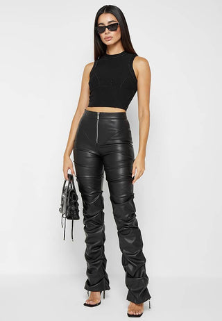 Black Faux Leather Ruched Flared Pants from Leather Pants collection you can buy now from Fashion And Icon online shop