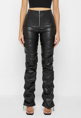 Black Faux Leather Ruched Flared Pants from Leather Pants collection you can buy now from Fashion And Icon online shop