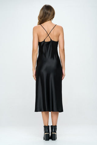 Black Satin Slip Dress with Cowl Neckline from Midi Dresses collection you can buy now from Fashion And Icon online shop