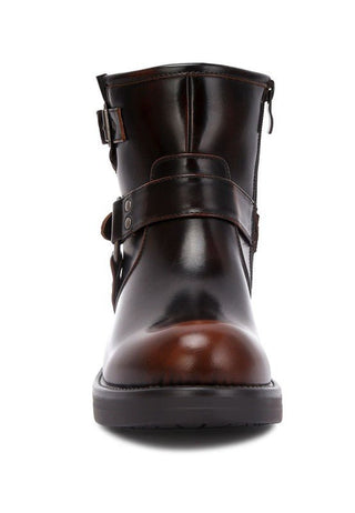 Brown Faux Leather Pin Buckle Boots from Boots collection you can buy now from Fashion And Icon online shop