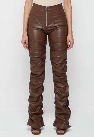 Brown Faux Leather Ruched Flared Pants from Leather Pants collection you can buy now from Fashion And Icon online shop