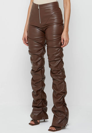 Brown Faux Leather Ruched Flared Pants from Leather Pants collection you can buy now from Fashion And Icon online shop