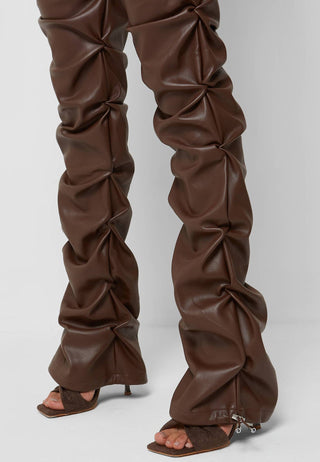 Brown Faux Leather Ruched Flared Pants from Leather Pants collection you can buy now from Fashion And Icon online shop