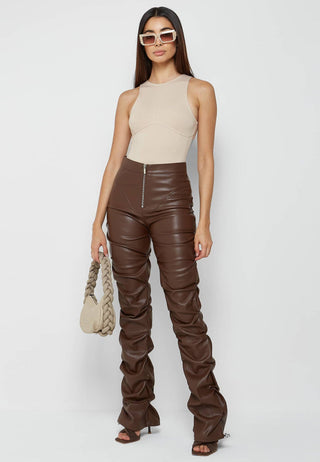 Brown Faux Leather Ruched Flared Pants from Leather Pants collection you can buy now from Fashion And Icon online shop