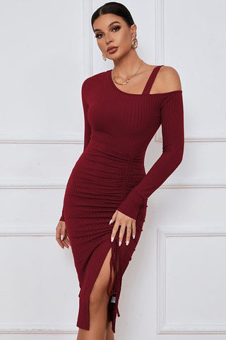 Burgundy Asymmetric One - Shoulder Ruched Midi Dress from Midi Dresses collection you can buy now from Fashion And Icon online shop