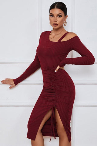 Burgundy Asymmetric One - Shoulder Ruched Midi Dress from Midi Dresses collection you can buy now from Fashion And Icon online shop