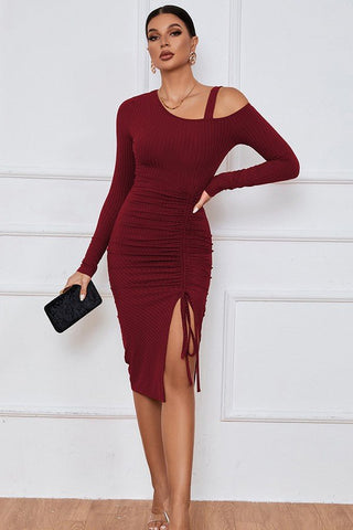 Burgundy Asymmetric One - Shoulder Ruched Midi Dress from Midi Dresses collection you can buy now from Fashion And Icon online shop