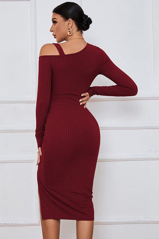 Burgundy Asymmetric One - Shoulder Ruched Midi Dress from Midi Dresses collection you can buy now from Fashion And Icon online shop