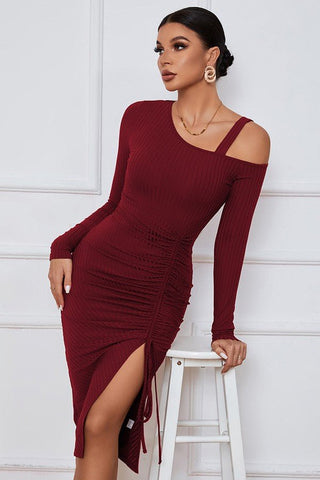 Burgundy Asymmetric One - Shoulder Ruched Midi Dress from Midi Dresses collection you can buy now from Fashion And Icon online shop