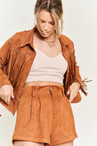 Camel Suede Studded Fringe Jacket from Faux Suede Jacket collection you can buy now from Fashion And Icon online shop