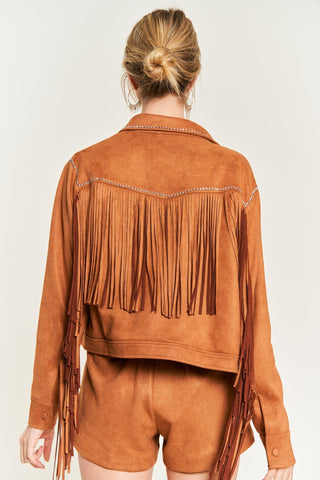 Camel Suede Studded Fringe Jacket from Faux Suede Jacket collection you can buy now from Fashion And Icon online shop