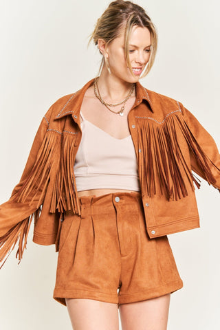 Camel Suede Studded Fringe Jacket from Faux Suede Jacket collection you can buy now from Fashion And Icon online shop