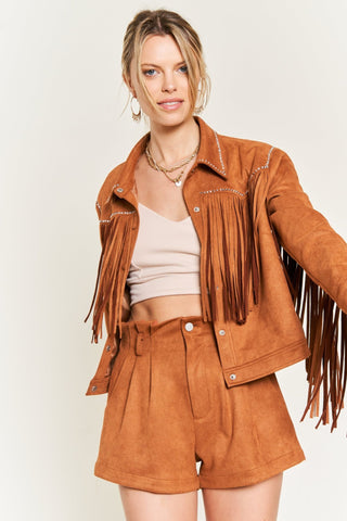 Camel Suede Studded Fringe Jacket from Faux Suede Jacket collection you can buy now from Fashion And Icon online shop