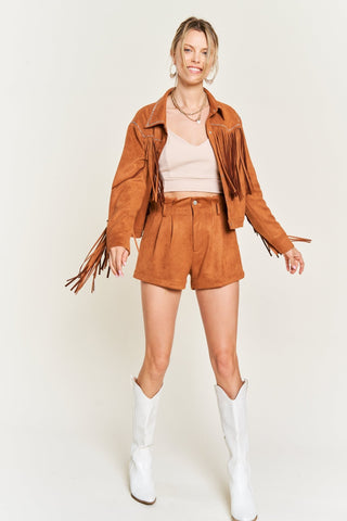 Camel Suede Studded Fringe Jacket from Faux Suede Jacket collection you can buy now from Fashion And Icon online shop