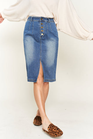 Front Slit Denim Midi Skirt from Midi Skirts collection you can buy now from Fashion And Icon online shop