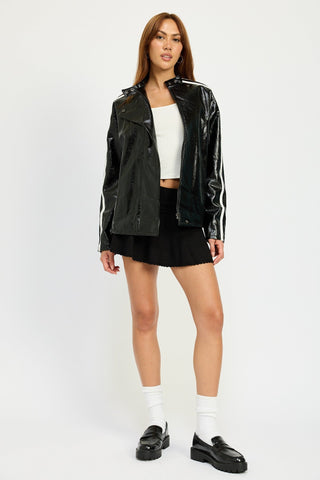 Luxe Edge Vinyl Oversized Moto Jacket from Trucker Jackets collection you can buy now from Fashion And Icon online shop