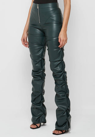 Olive Faux Leather Ruched Flared Pants from Leather Pants collection you can buy now from Fashion And Icon online shop