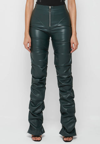 Olive Faux Leather Ruched Flared Pants from Leather Pants collection you can buy now from Fashion And Icon online shop