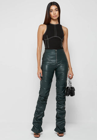 Olive Faux Leather Ruched Flared Pants from Leather Pants collection you can buy now from Fashion And Icon online shop