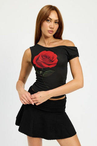 One Shoulder Red Rose Graphic Top from Off shoulder top collection you can buy now from Fashion And Icon online shop