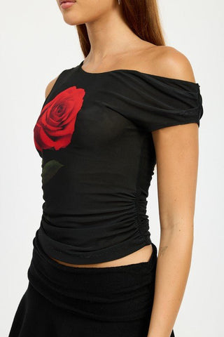 One Shoulder Red Rose Graphic Top from Off shoulder top collection you can buy now from Fashion And Icon online shop