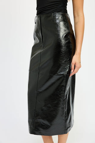 Patent Vegan Leather Fitted Pencil Midi Skirt with Slit from Midi Skirts collection you can buy now from Fashion And Icon online shop