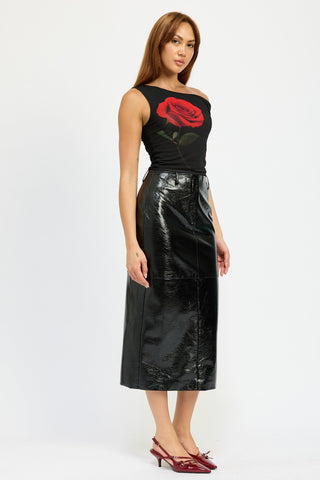 Patent Vegan Leather Fitted Pencil Midi Skirt with Slit from Midi Skirts collection you can buy now from Fashion And Icon online shop