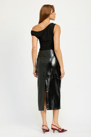 Patent Vegan Leather Fitted Pencil Midi Skirt with Slit from Midi Skirts collection you can buy now from Fashion And Icon online shop