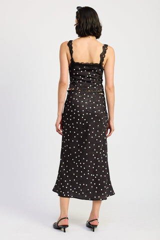 Polka Dot Satin Midi Skirt with Lace Trim from Midi Skirts collection you can buy now from Fashion And Icon online shop