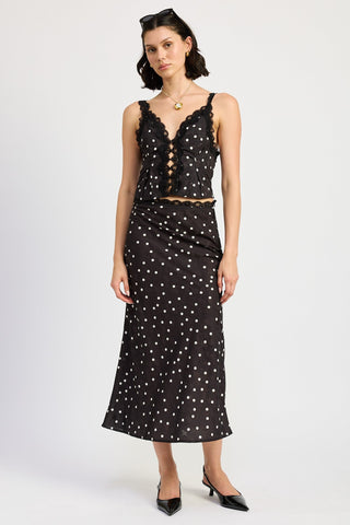 Polka Dot Satin Midi Skirt with Lace Trim from Midi Skirts collection you can buy now from Fashion And Icon online shop