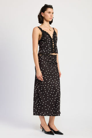 Polka Dot Satin Midi Skirt with Lace Trim from Midi Skirts collection you can buy now from Fashion And Icon online shop