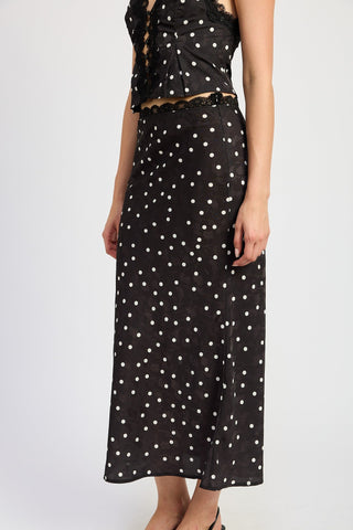 Polka Dot Satin Midi Skirt with Lace Trim from Midi Skirts collection you can buy now from Fashion And Icon online shop