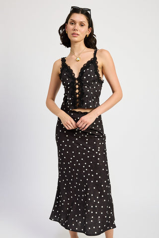 Polka Dot Satin Midi Skirt with Lace Trim from Midi Skirts collection you can buy now from Fashion And Icon online shop