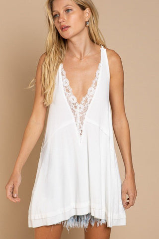 Sleeveless Deep V - neck Dress with Lace on Front from collection you can buy now from Fashion And Icon online shop