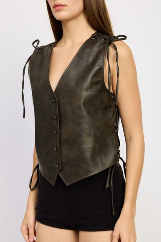 Vegan Leather Vest With Lace Detail from Vest Top collection you can buy now from Fashion And Icon online shop