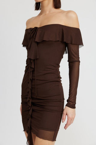 Brown Off Shoulder Ruffle Mini Dress from Mini Dresses collection you can buy now from Fashion And Icon online shop