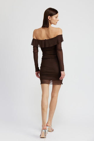 Brown Off Shoulder Ruffle Mini Dress from Mini Dresses collection you can buy now from Fashion And Icon online shop