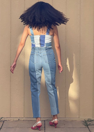 Denim Patchwork Square Neck Crop Top from Crop Tops collection you can buy now from Fashion And Icon online shop
