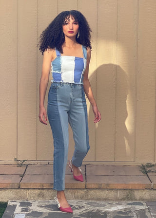 Denim Patchwork Square Neck Crop Top from Crop Tops collection you can buy now from Fashion And Icon online shop