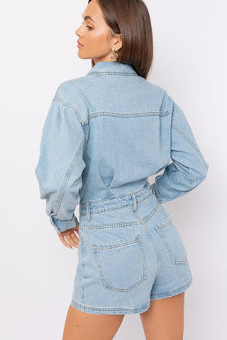 Long Sleeve Denim Romper from Rompers collection you can buy now from Fashion And Icon online shop